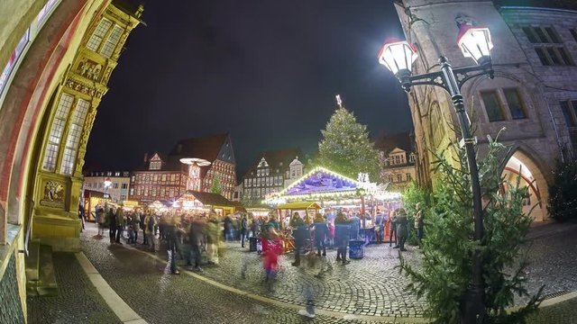 Christmas Market on the historic market place in Hildesheim, Germany. Time lapse.