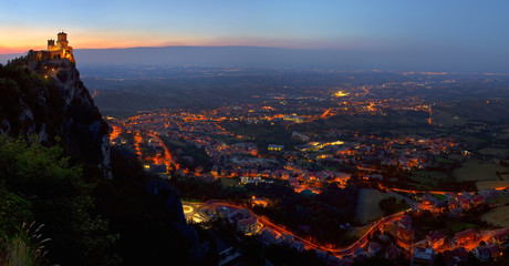 Lights in the mountains of the Republic of San Marino, night landscape