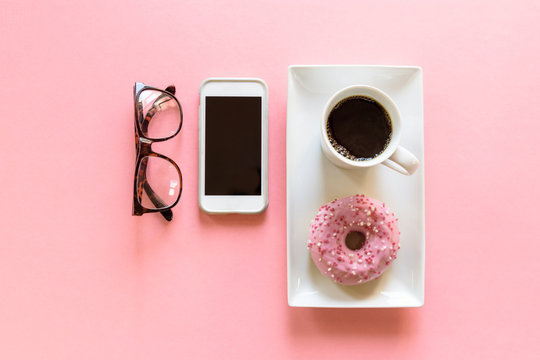 Morning Coffee With Pretty Pink Doughnut