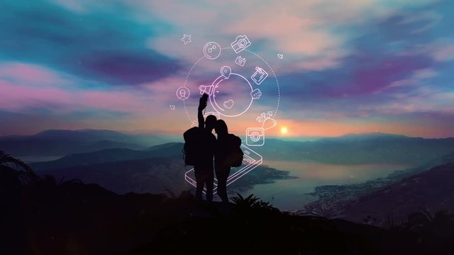 The pair makes selfi against the background of sunrise and infographics