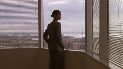Businesswoman looking out window over port