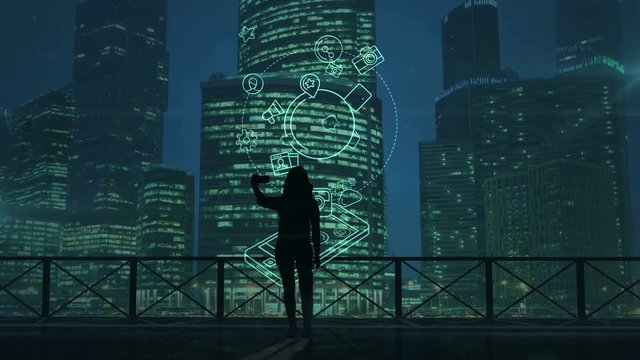 Girl does selfie on a background of skyscrapers and social media infographics