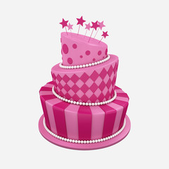 3d illustration of big birthday / holiday three floor cake