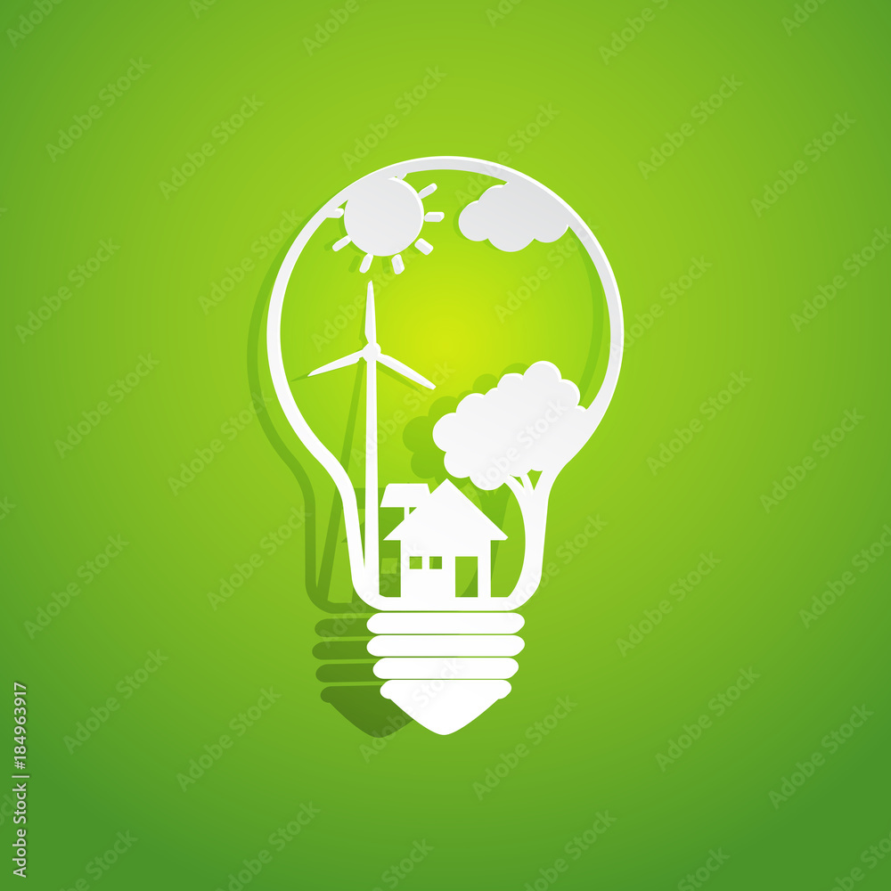 Poster nature and eco conservation concept.with tree in light bulb shape on green background.vector illustr