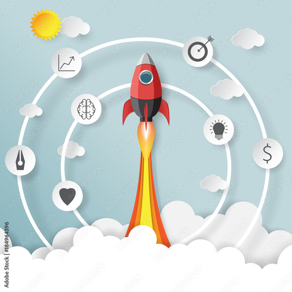 Poster rocket launch.with start up business creative idea concept paper art style.vector illustration.