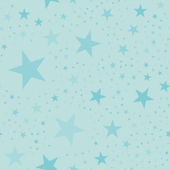 Turquoise stars seamless pattern on light blue background. Divine endless random scattered turquoise stars festive pattern. Modern creative chaotic decor. Vector abstract illustration.