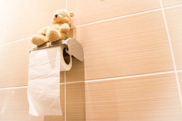 Bear is using toilet 