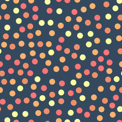 Colorful polka dots seamless pattern on bright 21 background. Graceful classic colorful polka dots textile pattern. Seamless scattered confetti fall chaotic decor. Abstract vector illustration.