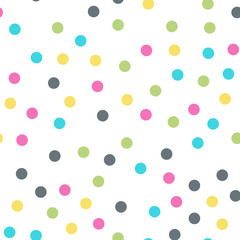 Colorful polka dots seamless pattern on white 10 background. Unusual classic colorful polka dots textile pattern. Seamless scattered confetti fall chaotic decor. Abstract vector illustration.