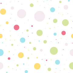Colorful polka dots seamless pattern on white 4 background. Enchanting classic colorful polka dots textile pattern. Seamless scattered confetti fall chaotic decor. Abstract vector illustration.