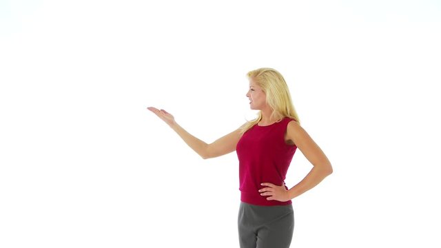 Young professional woman holding out hand for text bulletpoints