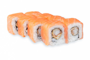 A delicious set of sushi on a white background.