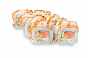 A delicious set of sushi on a white background.