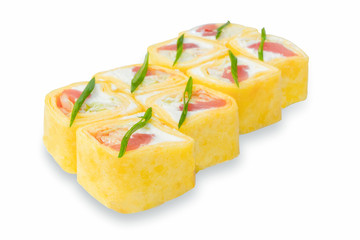 A delicious set of sushi on a white background.