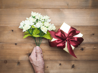 Christmas background with blank notebook, decorations and gift boxes. Space for text. Top view.top view composition.