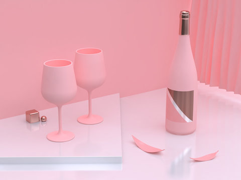 abstract scene abstract pink two wine glass and wine bottle 3d rendering