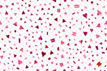 Falling confetti with hearts isolated on transparent background.