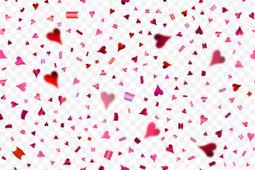 Falling confetti with hearts isolated on transparent background.