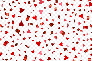 Falling confetti with hearts isolated on transparent background.