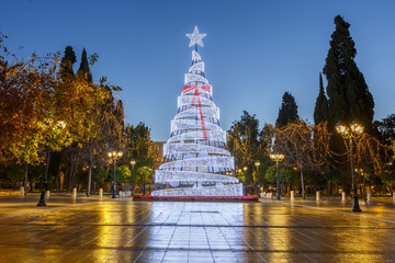Lit Christmas tree in Syntagma square in Athens, Greece. 

