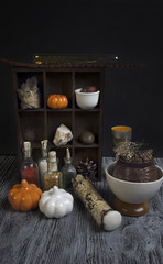 Magical ingredients on rustic background