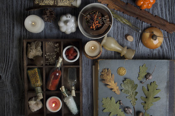 Magical ingredients on rustic background