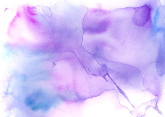 Watercolor background. Watercolor abstract spot, splash of paint, blot, divorce, color. Vintage pattern for different design and decoration. Pink, blue, purple paint color. A drip of paint. 