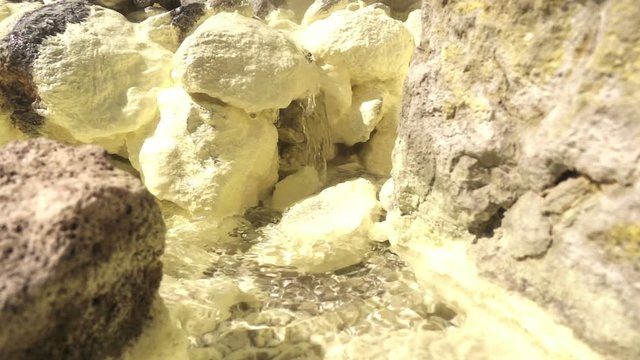 Fumarole field in Ebeko volcano caldera. Emission of hot sulfur gas.