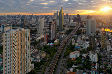 Bangkok Expressway and Highway top view during twilight time ,expressway is an important infrastructure for rush hour in Bangkok,Thailand
