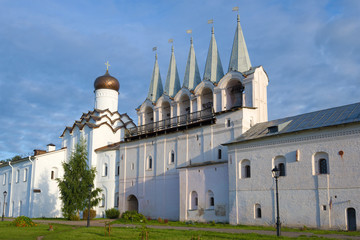 Belfry of the Assumption Monastery close-up cloudy September morning. Tikhvin, Russia