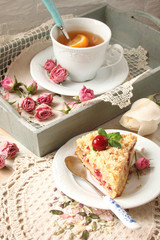 Cherry pie strasheim and walnuts on white plate