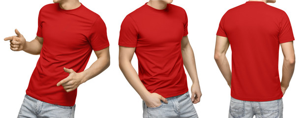 Young male in blank blue t-shirt, front and back view, isolated white background with clipping...