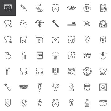 Dentist dental line icons set, outline vector symbol collection, linear style pictogram pack. Signs, logo illustration. Set includes icons as tooth, implants, braces, caries, denture, toothbrush