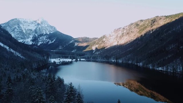 aerial flight over winter landscape in ebensee