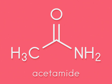 Acetamide (ethanamide) molecule. Used as plasticizer and industrial solvent. Carcinogenic (known to cause cancer). Skeletal formula.