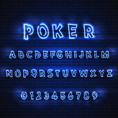 Latin neon font Poker. Glowing alphabet, electric stand, against a brick wall background, calligraphic Abc..