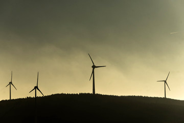 Fototapeta premium Black Silhouette of windturbines energy generator on amazing sunset at a wind farm in germany grey colored