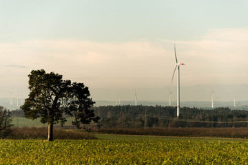 Green environment tree panorama view over wind farm landscape in Germany with white generator...