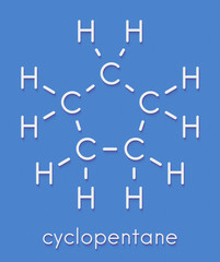 Cyclopentane cycloalkane molecule. Used in refrigerators and freezers and for many other purposes. Skeletal formula.