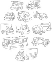 Black and white vector set of toy cars, trucks and buses