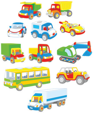 Vector set of toy cars, trucks and buses