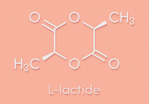L-lactide PLA precursor molecule. Used in synthesis of polymeric polylactic acid (polylactide, polylactate) plastic. Skeletal formula.
