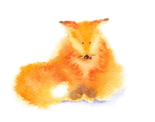 Little funny red fox. Watercolor illustration isolated on white. Original hand drawn painting.