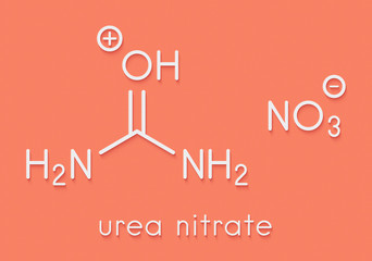 Urea nitrate high explosive molecule. Prepared by reacting urea with nitric acid and commonly used in improvised explosive devices (IEDs). Skeletal formula.