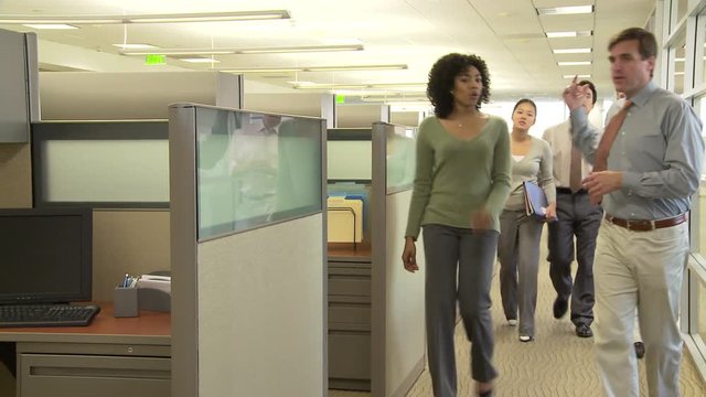 Young business colleagues walking in office setting