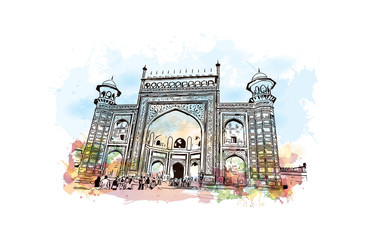 Watercolor splash with hand drawn sketch of Taj Mahal Entrance in Agra, India. Colorful vector illustration.