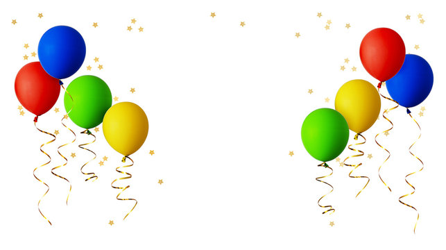 Red, Blue, Green And Yellow Balloons With Gold Ribbons And Star Shape Confetti