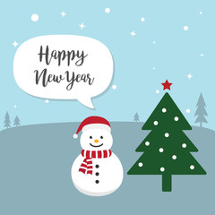 Snowman cartoon character. Cute Snowman wearing Santa Claus hat standing on sky blue background. Flat design Vector illustration for Merry Christmas and Happy New Year invitation card.