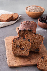 Homemade rye bread with raisins and sunflower seeds.