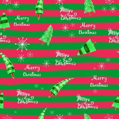 Seamless Christmas background with Christmas Trees and snowflakes. Lettering merry Christmas